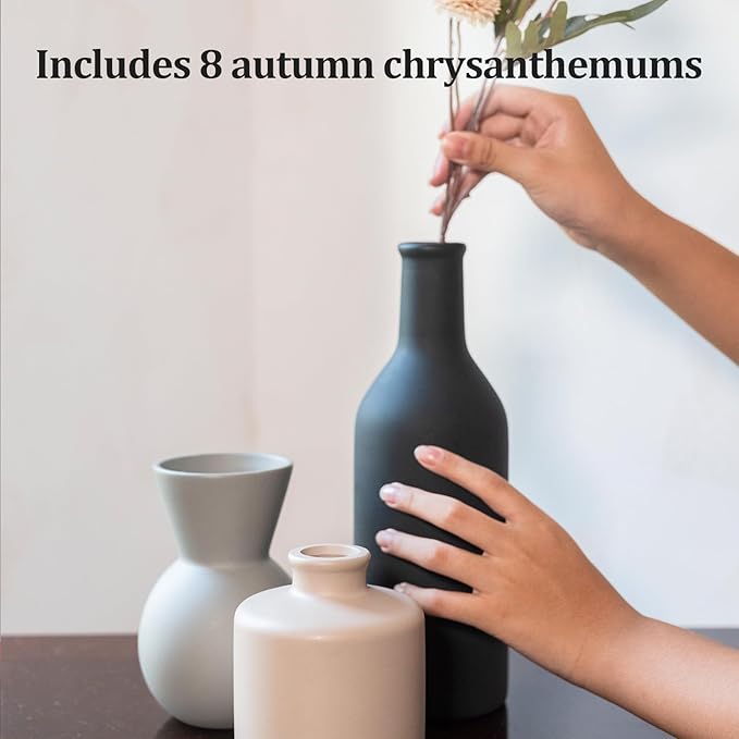 Fake Flowers in Vase for Centerpieces, Faux Flowers in Modern Ceramic Vase Set of 3 with 8 Artificial Autumn Chrysanthemums Home Decor-Ruum Studio Home