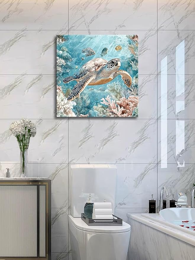 Sea Turtle Bathroom Wall Decor Ocean Theme Framed Canvas Wall Art Coastal Nautical Prints Picture Watercolor Coral Marine Life Painting for Kid Bedroom Living Room Home Decoration 14x14”-Ruum Studio Home