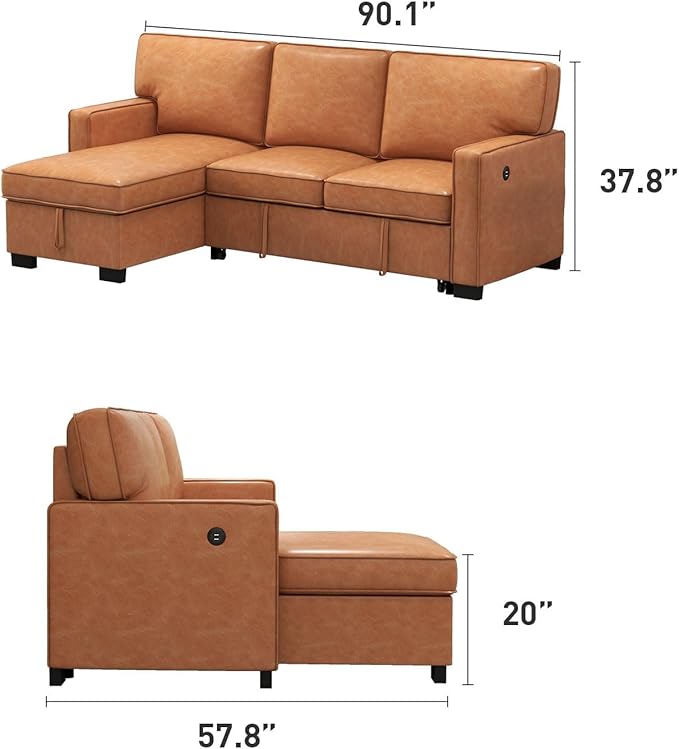 EBELLO Convertible Sleeper Sofa 3 in 1, Faux Leather Modern L-Shaped Couches for Living Room, Pull Out Sectional Futon Sofa Bed with Storage Space, USB Ports and Cup Holders for Bedroom, Brown-Ruum Studio Home