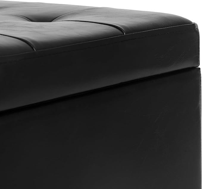 Adeco Faux Leather Storage Ottoman Bench with Solid Wood Legs, 17.7" Square Black PU Cube Foot Stool, Upholstered Button Tufted Vanity Chair with Hinged Lid for Living Room, Bedroom, Dorm-Ruum Studio Home