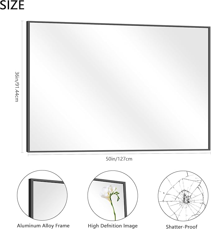 36x50inch Bathroom Mirror, Black Rectangle Mirrors with Thin Metal Frame, Large Rectangular Wall Mirror for Bathroom, Living Roomm, Hair Salon, Big Farmehouse Mirror Hang Horizontal/Vertical-Ruum Studio Home