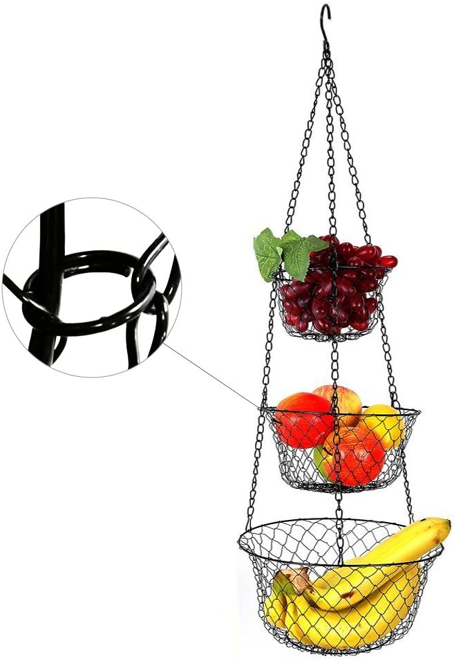 malmo 3-Tier Wire Fruit Hanging Basket, Vegetable Kitchen Storage Basket, Iron Wire Black (Basket2024)-Ruum Studio Home