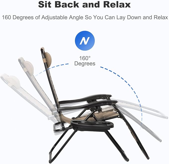 Nazhura Set of 2 Relaxing Recliners Patio Chairs Adjustable Steel Mesh Zero Gravity Lounge Chair Beach Chairs with Pillow and Cup Holder Khaki (Kahki)-Ruum Studio Home