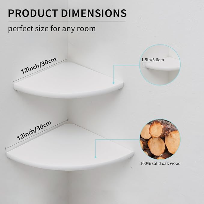 Corner Shelves, White Floating Corner Shelf, Set of 2 12inch Solid Oak Wood Wall Shelves, Round End Wall Mount with Wire Hole for Small Plant for Bedroom Kitchen, Living Room-Ruum Studio Home