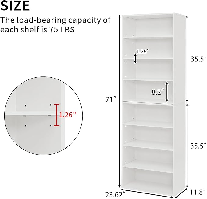 71 Inch Tall 8-Shelf Bookcase, Wood Bookshelf Storage Organizer Adjustable Shelf for Home Office Living Room, Converts into Two 4-Shelf Bookshelves, White-Ruum Studio Home
