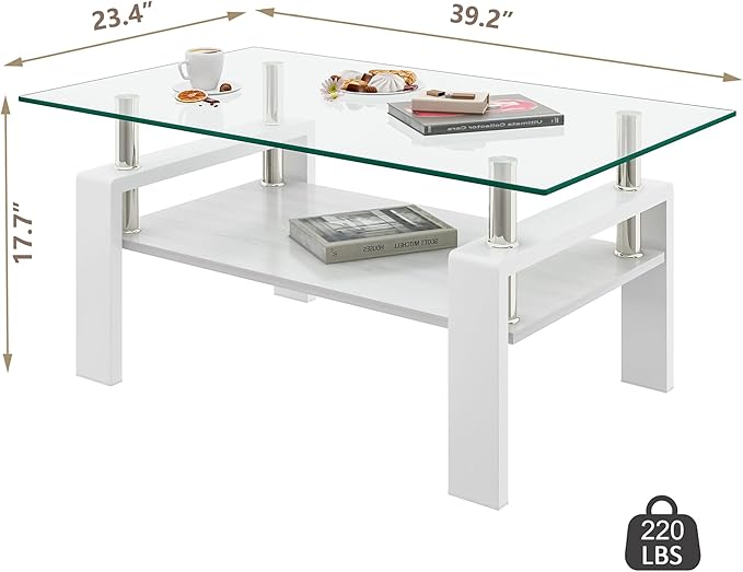 Glass Coffee Table Rectangle Living Room Center Table, with Transparent Tempered Glass Tabletop and White MDF Layer,for Living Room and Office, Transparent +White-Ruum Studio Home