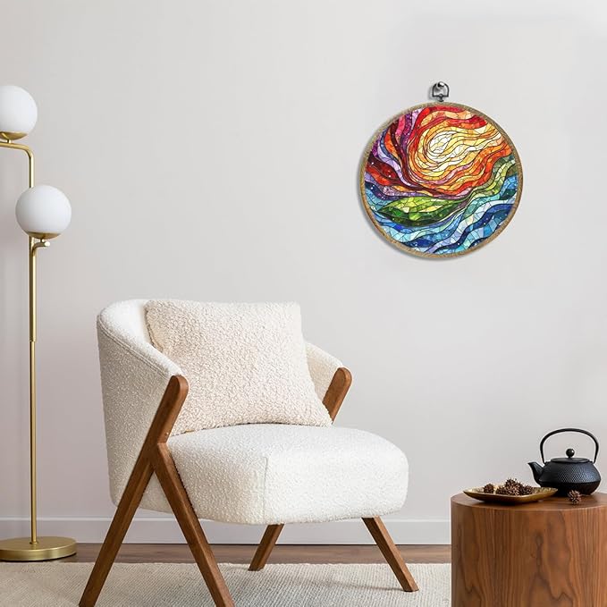 Colorful Boho Rainbow Geometric Spiral Sun Art Gift Framed Round Wall Decor Canvas Wall Art Hanging Prints Artwork for Home Office Bathroom Bedroom Living Room Decorations 10.2X10.2 Inch-Ruum Studio Home