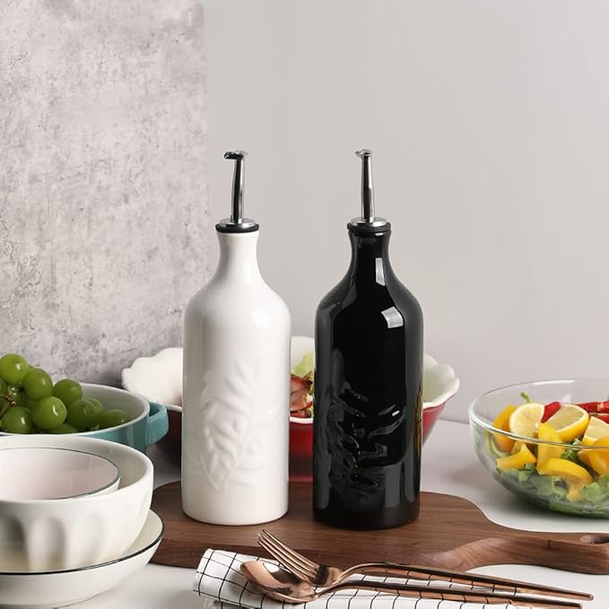 Sweejar Ceramic Olive Oil Dispenser Bottle, 20 Oz Relief Opaque Oil Cruet Protects Oil To Reduce Oxidation, Suitable for Storage Oil, Vinegar, Soy Sauce, Coffee Syrup, Liquids, Pack of 1 (White)-Ruum Studio Home