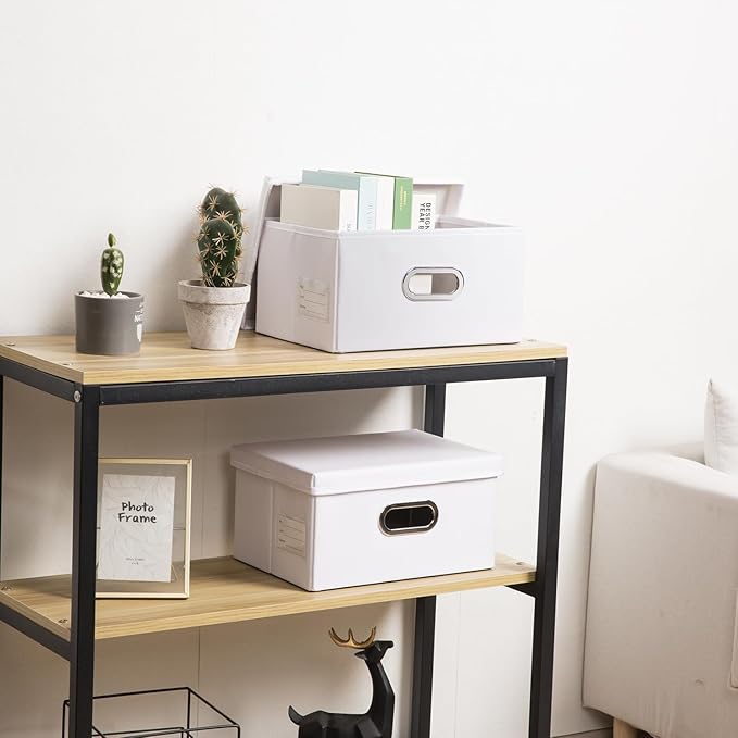PRANDOM Collapsible Storage Box with Lid [3-Pack] Leather Fabric Foldable Storage Bin Organizer Container Basket Cube with Cover for Home Bedroom Closet Office Nursery White(13.6x9.6x6.9)-Ruum Studio Home