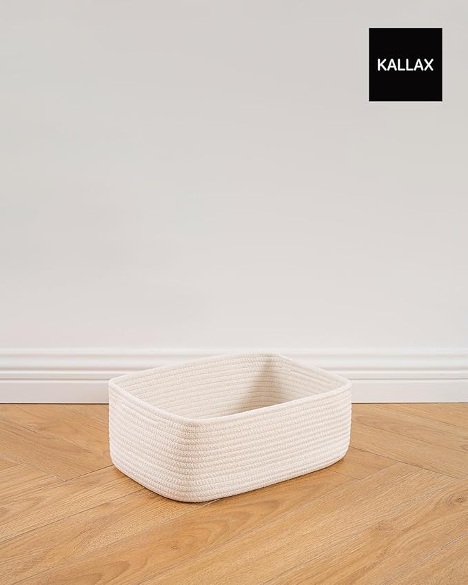 KALLAX Small Woven Basket, 13.5 x 9.5 x 5 Inches, Storage Basket for Organizing, Cute Small Rope Shelf Closet Cube Storage Bins Baskets for Shelves, Dog Toy Gift Baskets Empty, 3 Packs, Off White-Ruum Studio Home