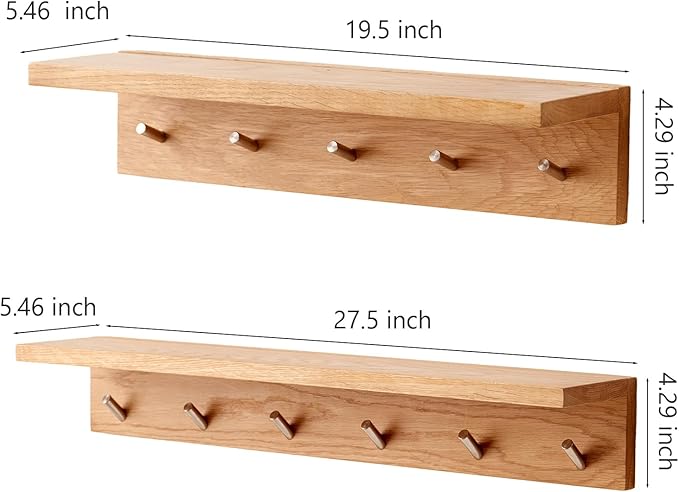 Oak Wood Wall Shelf with 6 Hooks, Entryway Shelf Coat Rack with Hooks Floating Shelves with Hooks for Clothes Hats Towel Purse Robes, Bathroom Mudroom Bedroom (27.5 inch)-Ruum Studio Home