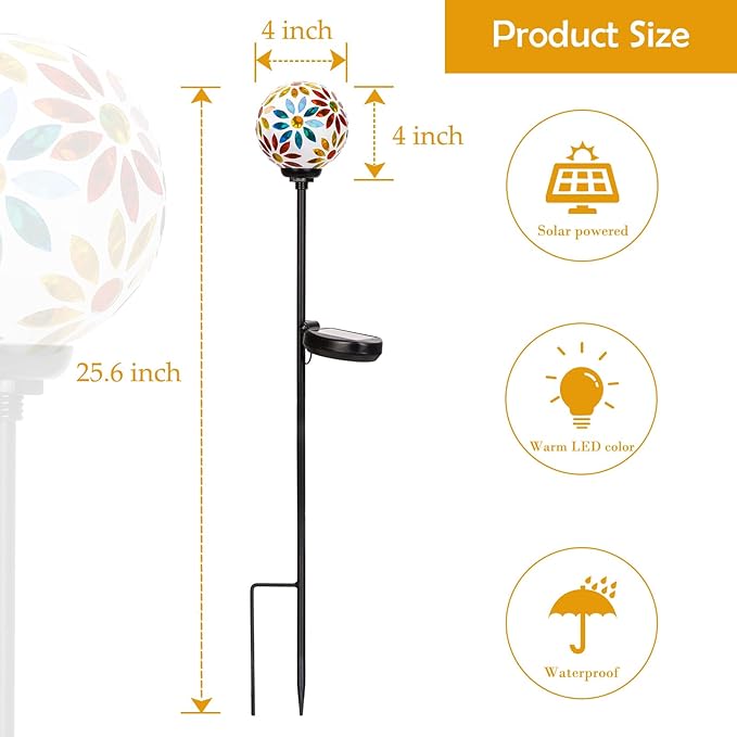 Afirst Solar Lights Outdoor Decorative - Solar Gazing Ball Mosaic Garden Stakes Flower Decorative Lights Waterproof for Pathway Yard Lawn Decoration Yellow-Ruum Studio Home