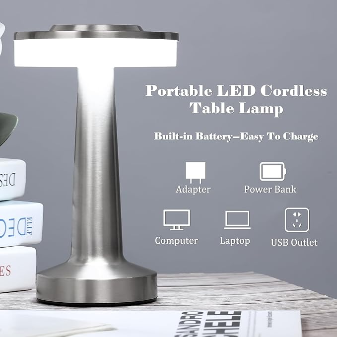 VIHOSE Set of 8 LED Portable Cordless Table Lamp with Touch Sensor 3 Color Stepless Dimming Rechargeable Battery up to 15 Hours Cordless Table Light Wireless Lamp for Nursery(Silver)-Ruum Studio Home