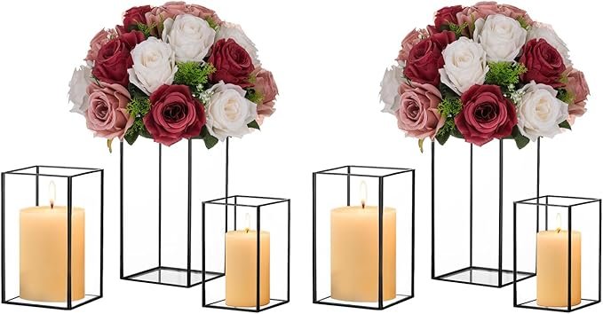Hewory Glass Hurricane Candle Holder Set of 6, Black Large Hurricane Centerpiece for Table, Tall Floor Square Pillar Candle Holders Lantern Set for Wedding, Anniversary, Party, Fireplace, Dining Room-Ruum Studio Home