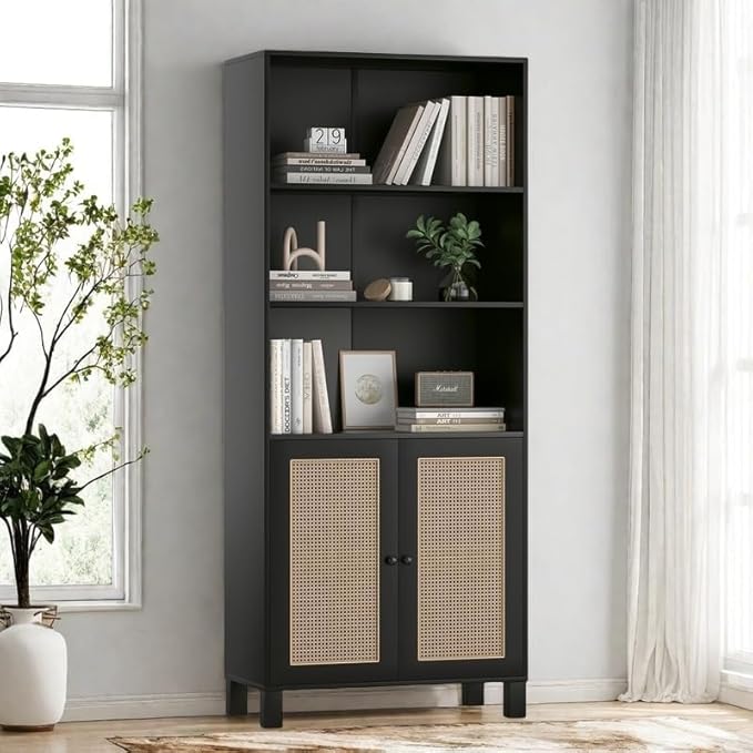 Tall Bookshelf, 5-Tier Book Shelf with 2 Rattan Doors, Freestanding Bookcase Display Shelves with Large Storage, Book Case for Living Room, Office, Study, Bedroom, 70.9 Inch-Ruum Studio Home