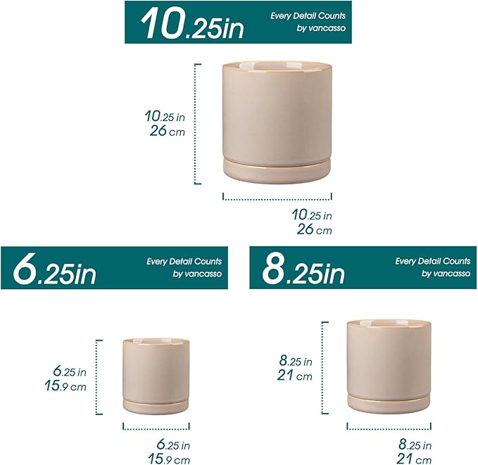 vancasso Ceramic Planters, Plant Pots for Indoor Plants, 6.25+8.25+10.25 Inch Ceramic Pots for Plants, Flower Pots with Drainage Holes (Gray, 6.25+8.25+10.25 Inch)-Ruum Studio Home