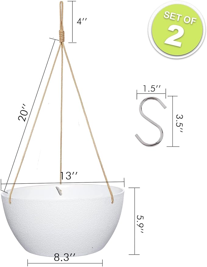 13 Inch 2 Pack Large Hanging Planters for Indoor Outdoor Plants, Plastic Hanging Basket Pots for House Plants Flowers, White-Ruum Studio Home