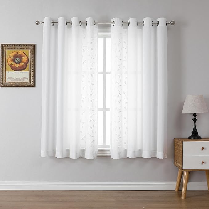 MIUCO Light Filtering Faux Linen Curtains - 63 Inch Length for Bedroom & Living Room, Pure White Floral Embroidered Solid Mix and Match, Semi Sheer Grommet Farmhouse Drapes, 2 Panels Set-Ruum Studio Home