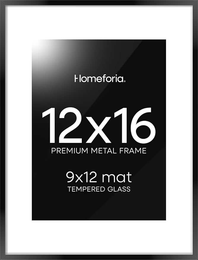 Homeforia 12x16 Picture Frame Black, High End Metal 12x16 Poster Frames with Mat 9x12 for Photo, 12 x 16 Black Frame Matted to 9 by 12 inch Print, 16x12 Thin Frames, Tempered Glass, Wall Kit, Set of 1-Ruum Studio Home