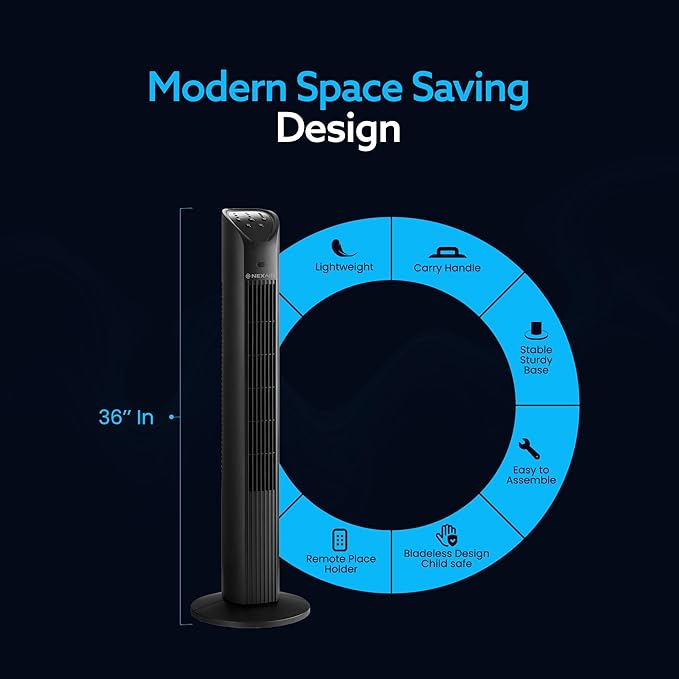 36” Oscillating Tower Fan, 3 Speed Portable Fan Tower With Remote Control, Quiet Operating Floor Fan for Bedroom with 7.5 Hr Auto Off Timer, Modern Design Room Cooling Fan For Home & Office-Ruum Studio Home