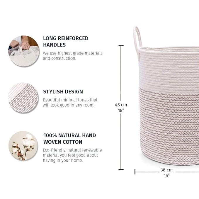 OrganiHaus White Baby Hamper Basket 15x18 | Toy Basket Storage for Kids | Large Woven Baskets for Storage | Round Laundry Basket | Blanket Holder for Bedroom | Boho Blanket Basket for Living Room-Ruum Studio Home