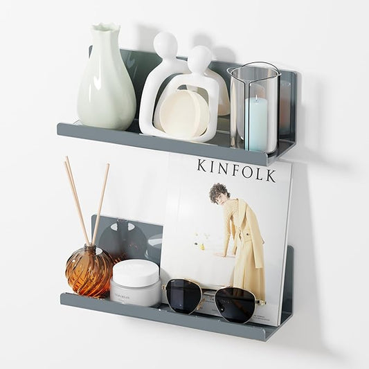Adhesive Floating Shelves for Wall No Drilling, 12 Inch Acrylic Self Adhesive Shelves, Stick on Shelves, Dorm Wall Shelf, for Bathroom, Kitchen, Bedroom, Office, Gaming Room, Gray-Ruum Studio Home