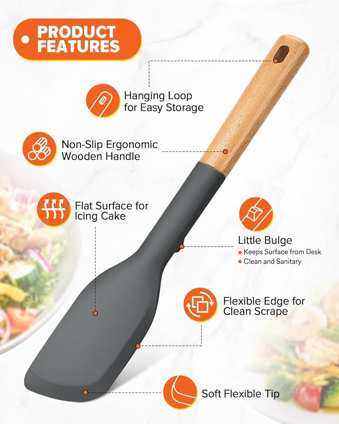 Cooking Spoon and Scraper for Nonstick Cookwares, Great for Cooking and Serving Durable BPA-Free Matte Silicone, Wood Handle Multifunction Spoon for Mixing, Scoop, and Scrape (GREY)-Ruum Studio Home