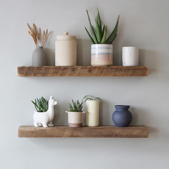 Urban Legacy Reclaimed Barnwood Planks | Floating Shelves for Wall w/Flush Mount Shelf Bracket Set Included | Set of 2 (Natural, 18"x 4.5"x 2")-Ruum Studio Home