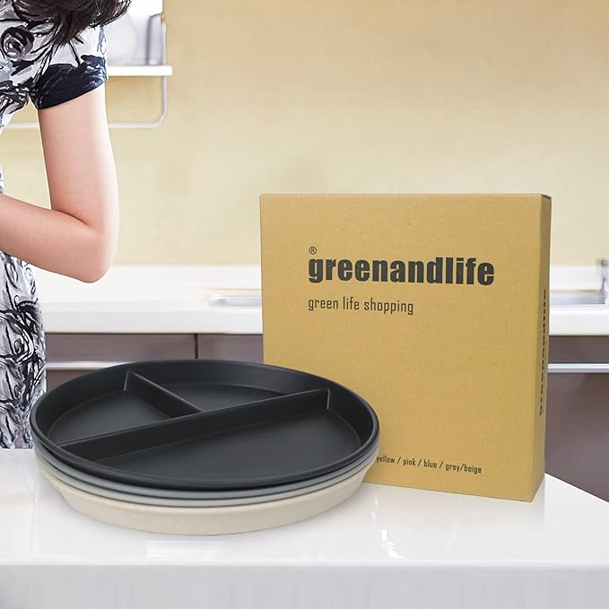 greenandlife 9 Inch (4PCS) Unbreakable Divided Plates for Kids Adults, Dishwasher & Microwave Safe Compartment Plate, Lightweight Reusable Plastic Portion Control Plates, BPA Free and Healthy-Ruum Studio Home