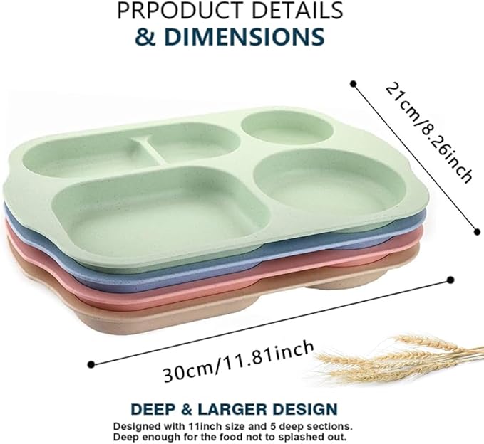 12 Inch Divided Plates4 PCS - Reusable Unbreakable Wheat Straw Plates, Dinnerware Lunch Tray Plates Tableware for Kitchen, Picky Eaters, Campers and Portion Control (Blush)-Ruum Studio Home