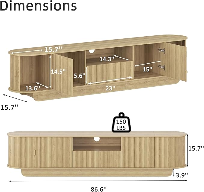 Coffee Table and TV Stand Set of 2, Round Center Table with Storage,Fluted Coffee Table with 360° Sliding Doors, 86.6" Entertainment Center for Bedroom, Living Room,Natural-Ruum Studio Home