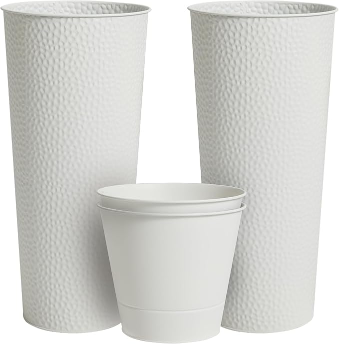 Worth Garden 2-Pack 28" H. Metal Planter with 2X Inside Pots - Hand-Hammered Texture Tall Cone Plant Pots - Large Handcrafted Flower Pot for Indoor Outdoor, Deck, Patio, Front Porch - White-Ruum Studio Home