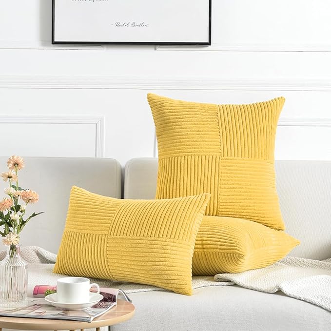 Fancy Homi 2 Packs Yellow Lumbar Decorative Throw Pillow Covers 12x20 Inch for Living Room Couch Bed Sofa, Farmhouse Boho Home Decor, Soft Striped Corduroy Rectangle Accent Cushion Case 30x50 cm-Ruum Studio Home