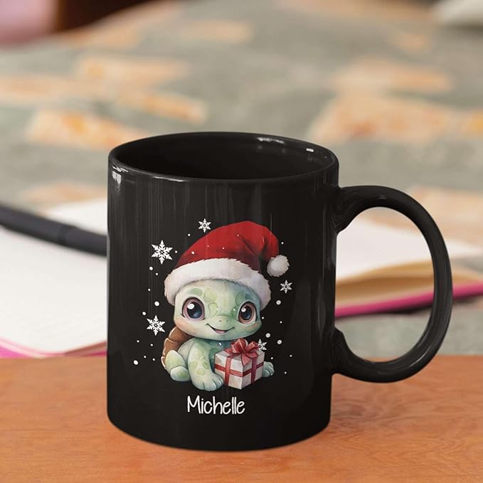 Coffee Mug With Xmas Turtle Design, Personalized Turtle Wearing Santa Hat Cup, Cute Baby Animal Black Mug 11oz 15oz, Custom Christmas Ceramic Cup, Customized Christmas Animal Mug Gift-Ruum Studio Home