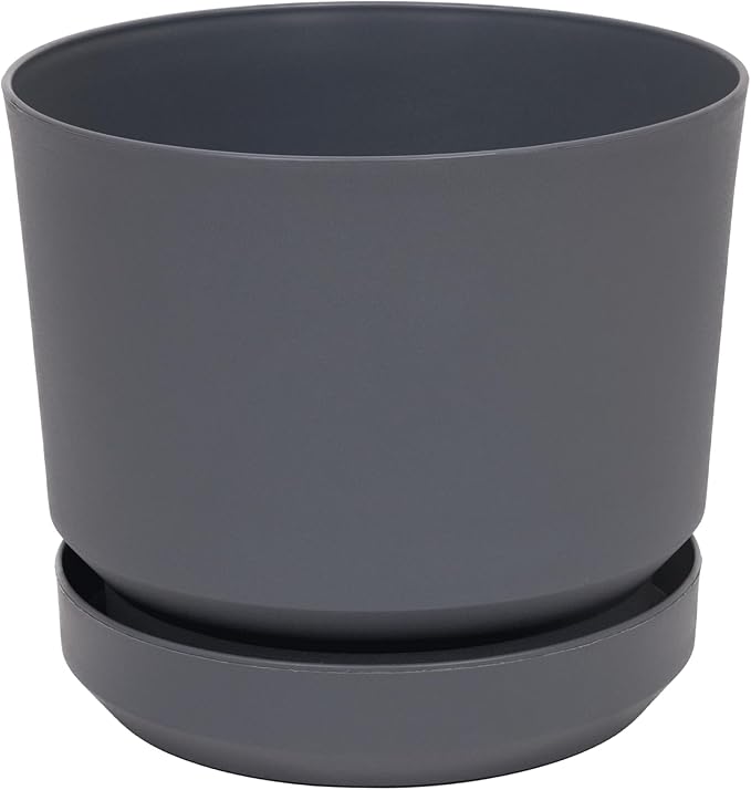Elly Décor 10 inch Plastic Cylinder Planter Pot with Self-Watering Saucer and Drainage Hole,Lightweight & Extremely Durable, 10"x 10", Gray-Ruum Studio Home