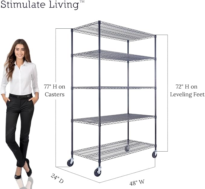 48"x24"x72" Prime Heavy Duty Black 5-Tier Steel Wire Shelving NSF 4000 LBS MAX Capacity Storage Rack for Commercial, School, Home, Garage, Warehouse, Industrial, and Hospital Uses (with Wheels)-Ruum Studio Home