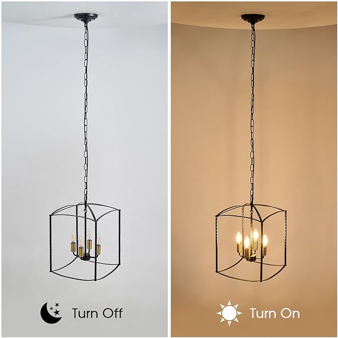 Farmhouse 4 Lights Pendant Light, Industrial Black Lantern Chandelier with E12 Gold Base Metal Cage Rustic Geometric Hanging Light Fixtures for Kitchen Island Foyer Entryway Dining Room-Ruum Studio Home