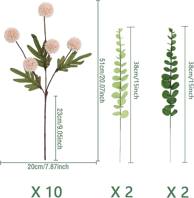 Faux Pink Kiku Flower, 10 Stems with 5 Heads Each & 4 Branches Eucalyptus Stems, Artificial Small Mini Chrysanthemum Flowers for Aesthetic Room Decor, Floral Arrangements Centerpiece-Ruum Studio Home