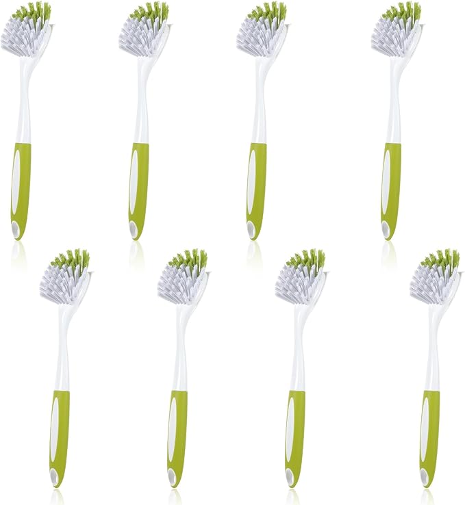 8 Pcs Dish Brush with Handle Kitchen Scrub Brush Pot and Pan Cleaning Brush Dish Scrubber with Stiff PET Bristles for Cookware Sink Washing Household, Green, 11 x 3.1 x 0.98 Inch-Ruum Studio Home