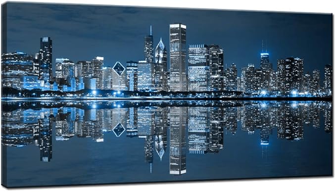 LevvArts Modern City Wall Art Chicago Downtown at Night Picture Print on Canvas Building Artwork for Office Living Room Wall Decoration-Ruum Studio Home