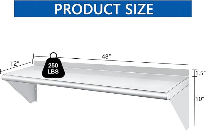 HARDURA Stainless Steel Shelf 12" x 48", 250lb Commercial Shelves Wall Mount Metal Shelving with Backsplash and Brackets for Kitchen, Restaurant, Laundry Room and Home-Ruum Studio Home