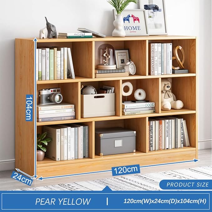 IOTXY Open Shelf Low Bookcase - Wooden 3-Tier Floor Standing Display Cabinet Organizer with Base, 10 Cubes Short Horizontal Bookshelf in Pear Yellow-Ruum Studio Home