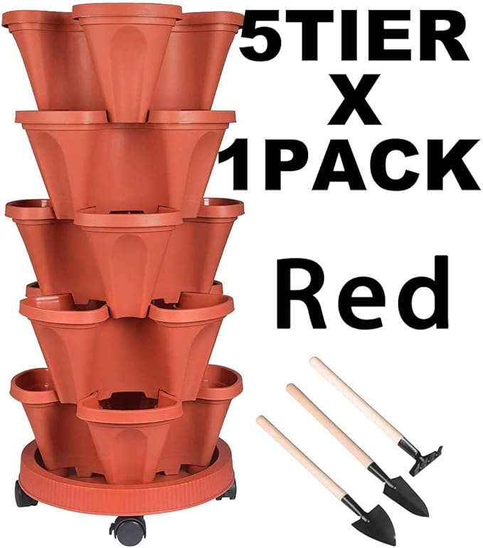 Vertical Planter 5 Tier Stackable Planters Garden Planters Strawberry Herb Flower and Vegetable Planter Indoor Outdoor Gardening Pots with Removable Wheels and Tools-Ruum Studio Home