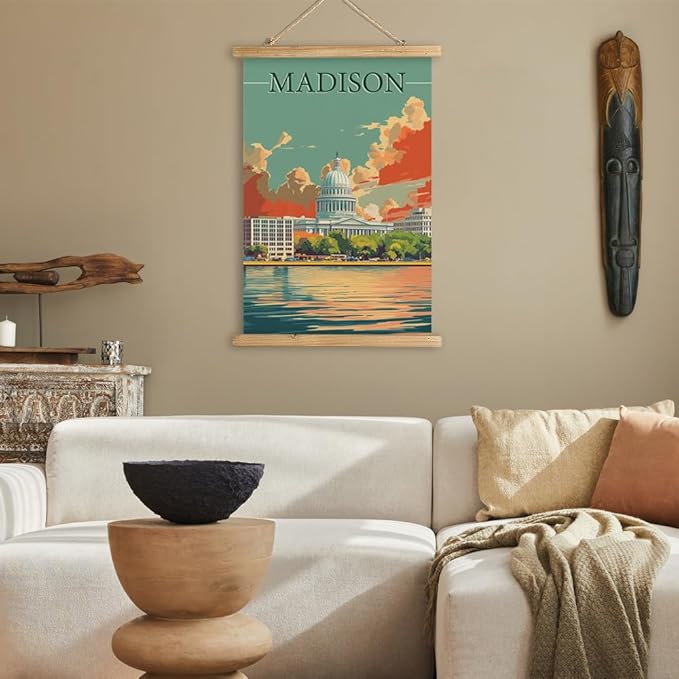 WREVERW Vintage Madison Poster Canvas Print with Wooden Hanger Frame, Featuring the Iconic Wisconsin State Capitol and Lakeside View, Wall Art for Home and Office Decor, 16x23 inches-Ruum Studio Home
