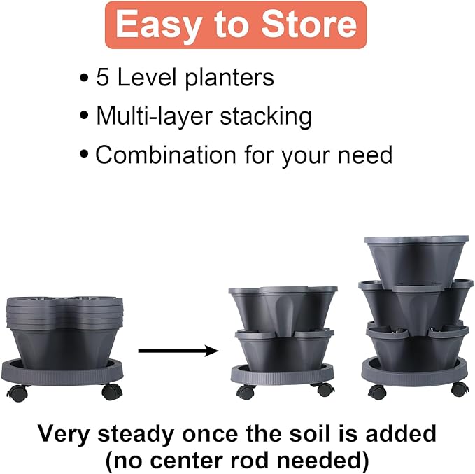 Vertical Planter 5 Tier Stackable Planters Garden Planters Strawberry Herb Flower and Vegetable Planter Indoor Outdoor Gardening Pots with Removable Wheels and Tools-Ruum Studio Home