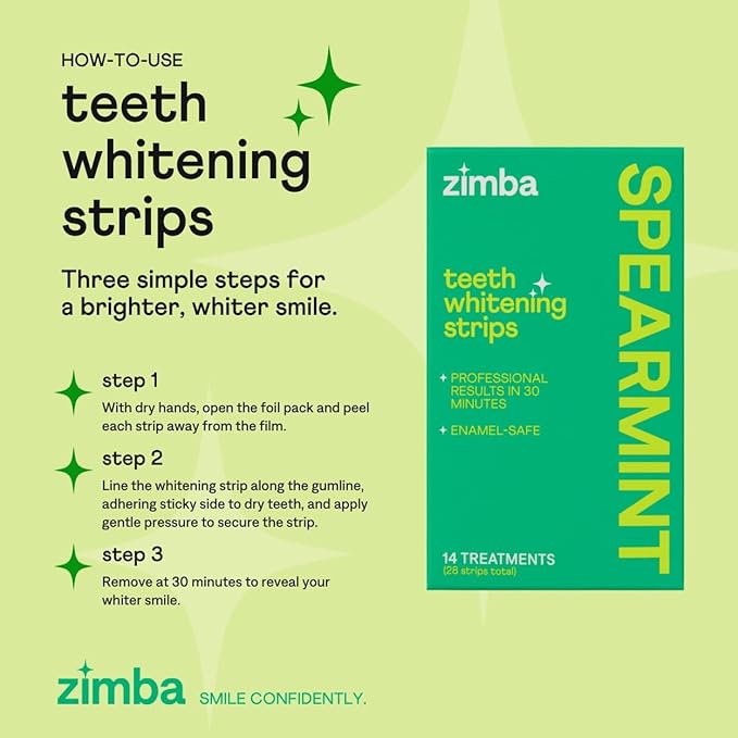 Zimba Spearmint Flavored Teeth Whitening Strips | Vegan, Enamel Safe Hydrogen Peroxide Teeth Whitener for Coffee, Wine, Tobacco, and Other Stains | 14 Day Treatment | Spearmint-Ruum Studio Home