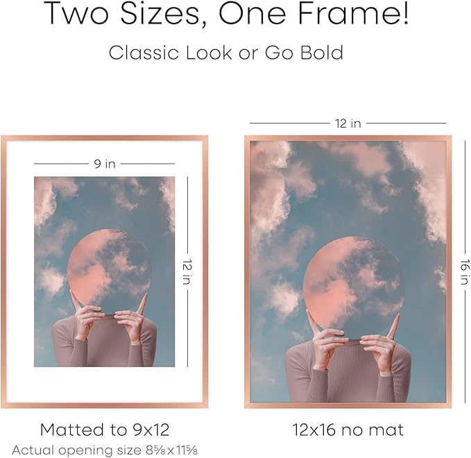 Homeforia 12x16 Rose Gold Picture Frame, High End Metal 12x16 Poster Frames with Mat 9x12 Photo, 12 x 16 Rose Gold Frames Matted to 9 by 12 Print, 16x12 Thin Frames, Tempered Glass, Wall Kit, Set of 1-Ruum Studio Home