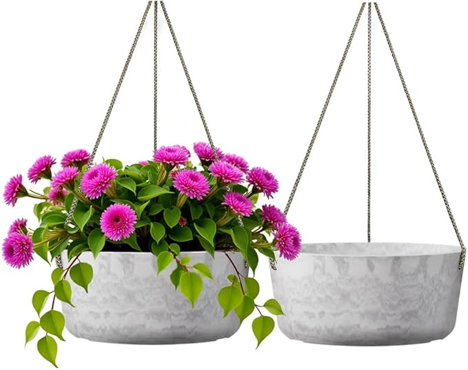 10.7 Inch Hanging Planter for Outdoor Indoor Plants，2 Pack Hanging Flower Pots with Drain Holes for Garden Home Decor Use (Marble)-Ruum Studio Home