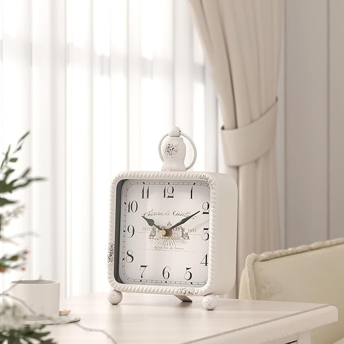 Vintage White Table Clock on Stand, Desk and Shelf Decor Clock, French Rustic Style Non-Ticking Mantel Clocks for Farmhouse, Living Room, Bedroom, Bedside, Gift (8.5" H x 5.5" W)-Ruum Studio Home