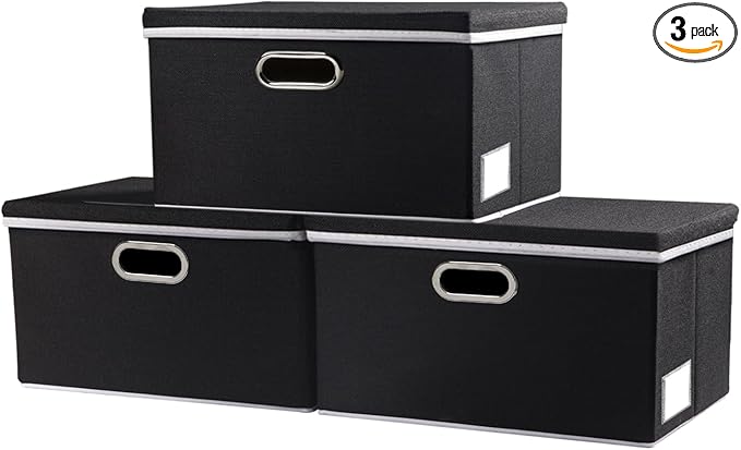 PRANDOM Storage Boxes with Lids [3-Pack] Fabric Collapsible Storage Bins Organizer Containers Baskets Cube with Cover for Home Bedroom Closet Office Nursery Black（11.4X8.6X6.7-Ruum Studio Home